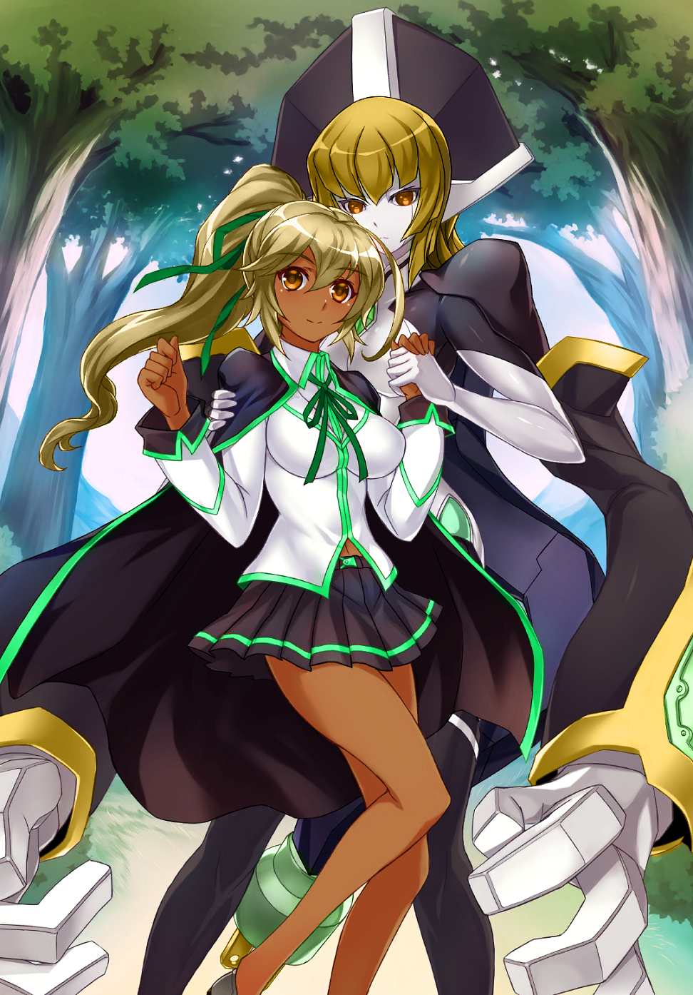 2girls _eyes ahoge black_cape blazblue blazblue:_chronophantasma blazblue_alternative:_dark_war blazblue_phase_0 bow breasts brown_eyes cape celica_a._mercury dark-skinned_female dark_skin hair_ribbon highres holding_hands medium_breasts minerva_(blazblue) miniskirt multiple_girls navel pleated_skirt ponytail red_ribbon ribbon robot school_uniform skirt smile tan third-party_edit yellow_eyes