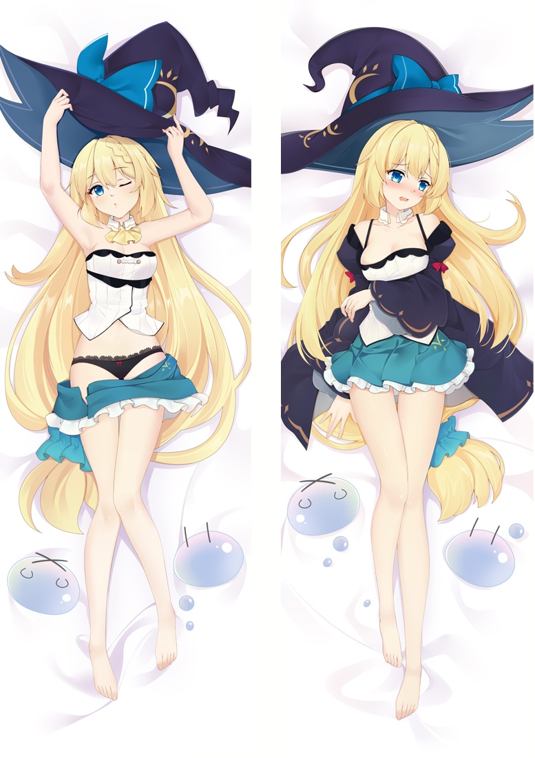 1girl ;) aizawa_azusa arm_under_breasts armpits arms_up barefoot bed_sheet black_hat black_panties blonde_hair blue_bow blue_eyes blue_skirt blush bow bra braid breast_lift breasts cleavage closed_mouth clothes_pull collarbone dakimakura_(medium) detached_collar frilled_skirt frills from_above full_body gluteal_fold hat hat_bow long_hair looking_at_viewer lying medium_breasts microskirt mismatched_underwear moeanime multiple_views navel on_back one_eye_closed open_mouth panties single_braid skirt skirt_pull slime_taoshite_300_nen_shiranai_uchi_ni_level_max_ni_nattemashita smile strapless strapless_bra thigh_gap underwear very_long_hair wavy_mouth white_bra witch_hat