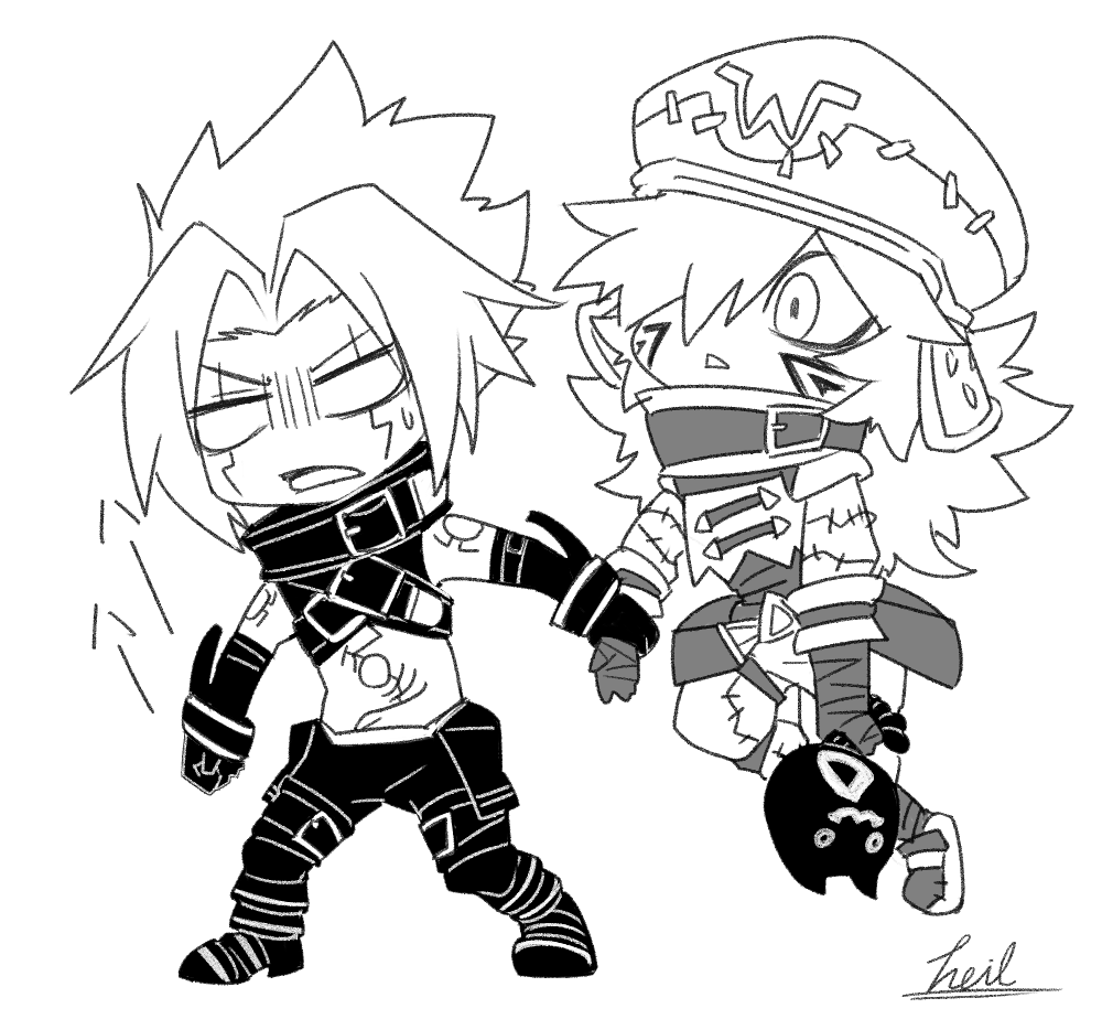 .hack// .hack//g.u. 2boys azur_cephonodes azure_kite belt belt_boots belt_collar boots chim_chim collar commentary_request facial_mark facial_tattoo floating greyscale haseo_(.hack//) hat holding holding_hands leg_belt male_focus monochrome multiple_belts multiple_boys patchwork_clothes shirt_belt shoulder_tattoo stitched_pants stitched_sleeves stitches stomach_tattoo tattoo thigh_belt thigh_strap triangle triangle_facial_mark