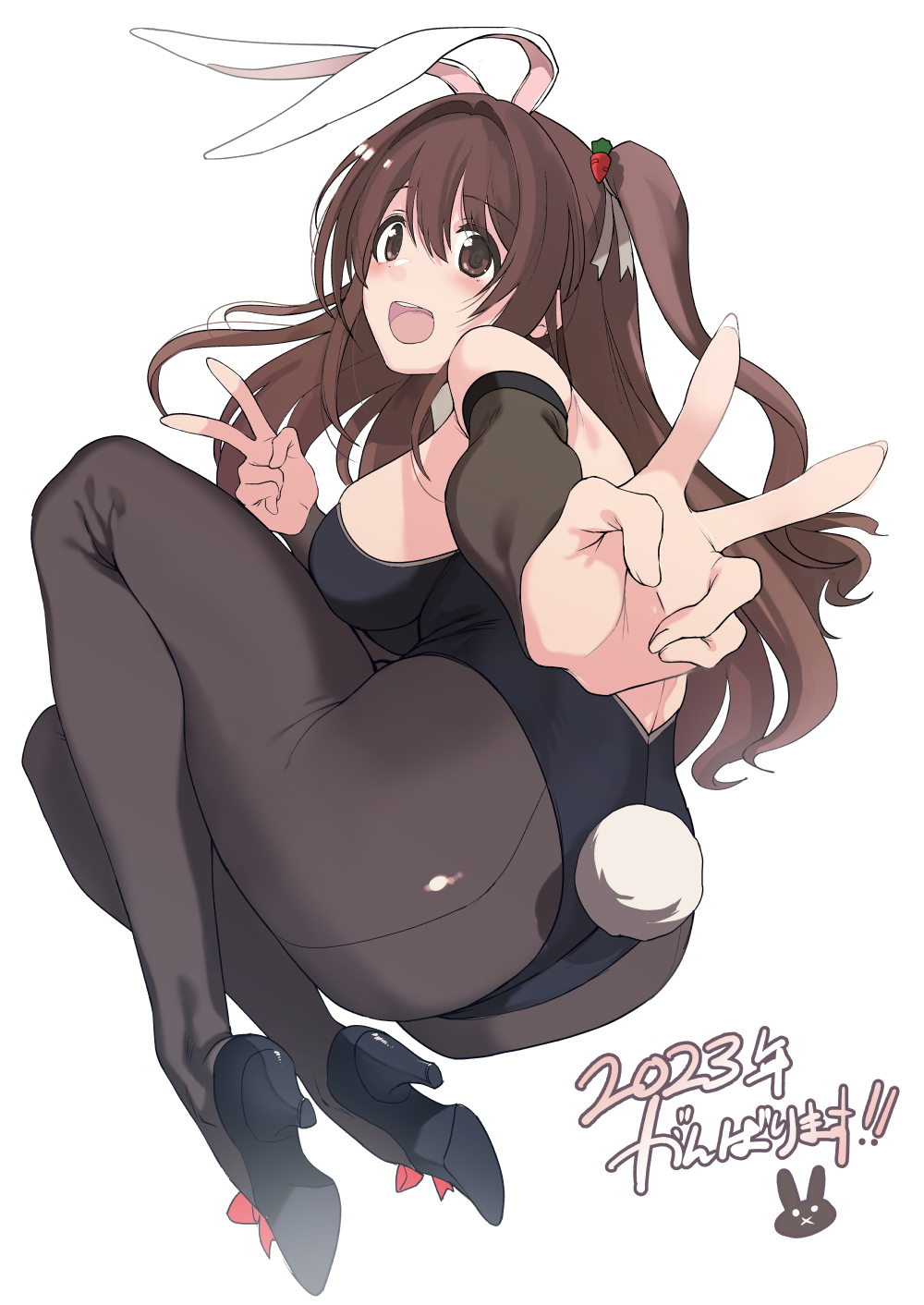 1girl 2023 :d animal_ears ass back back_cutout bare_shoulders black_footwear black_leotard black_pantyhose black_rabbit_(animal) black_sleeves blush breasts brown_eyes brown_hair carrot_hair_ornament clothing_cutout detached_sleeves double_v fake_animal_ears fake_tail food-themed_hair_ornament from_behind full_body hair_ornament hands_up high_heels highres idolmaster idolmaster_cinderella_girls idolmaster_cinderella_girls_starlight_stage knees_up leotard long_hair looking_at_viewer looking_back medium_breasts one_side_up open_mouth pantyhose playboy_bunny rabbit_ears rabbit_tail reaching reaching_towards_viewer red_ribbon ribbon ribbon_shoes saruanu shimamura_uzuki sideboob simple_background smile solo strapless strapless_leotard tail teeth upper_teeth_only v white_background