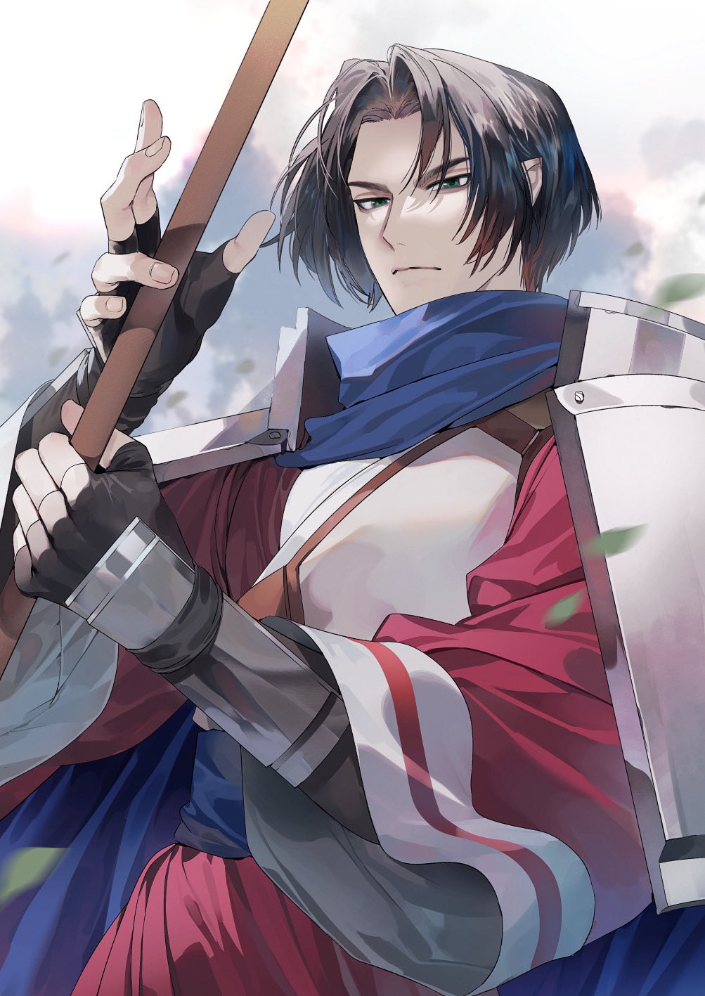1boy aquaplus armor benawi black_hair blue_scarf blurry closed_mouth gauntlets gradient_hair green_eyes highres holding holding_polearm holding_spear holding_weapon hontoku long_sleeves looking_at_viewer multicolored_hair nose official_art pointy_ears polearm red_hair scarf serious short_hair sidelocks solo spear upper_body utawarerumono utawarerumono:_lost_flag utawarerumono:_lost_flag_support_illustration_relay weapon wide_sleeves