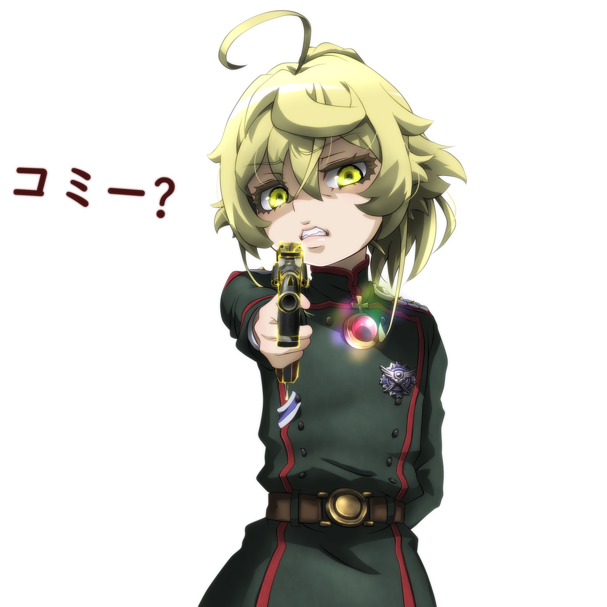 1girl ahoge aiming arm_behind_back blonde_hair blue_eyes clenched_teeth eyebrows female_focus genya_(genya67) gun handgun highres holding holding_gun holding_weapon looking_at_viewer military military_uniform pointing pointing_at_viewer short_hair simple_background solo standing tanya_degurechaff teeth translation_request upper_body weapon white_background youjo_senki