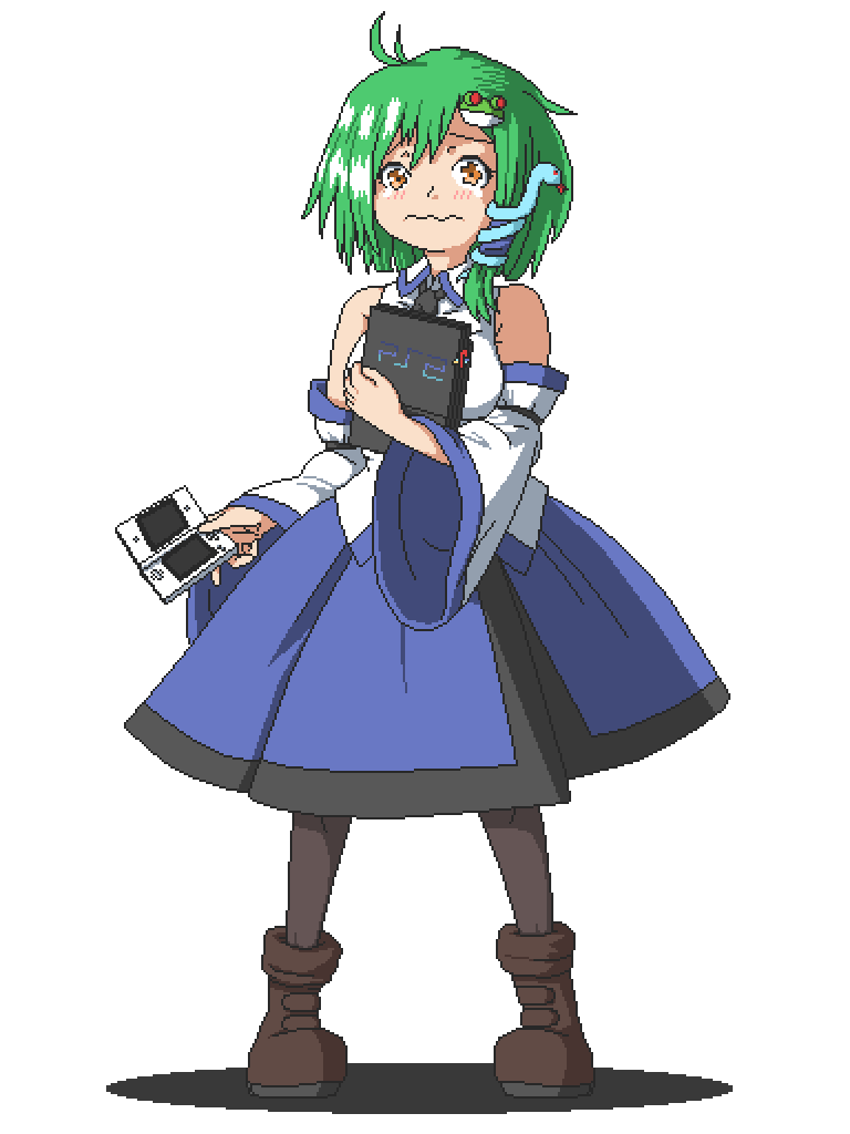 1girl ahoge aksawshin bare_shoulders black_necktie black_pantyhose blue_skirt blush boots breasts brown_boots collared_shirt commentary crying crying_with_eyes_open detached_sleeves english_commentary frog_hair_ornament game_console green_hair hair_ornament hair_tubes handheld_game_console holding holding_handheld_game_console kochiya_sanae large_breasts necktie nintendo nintendo_ds pantyhose pixel_art playstation_2 shadow shirt short_hair simple_background single_hair_tube single_sidelock skirt snake_hair_ornament solo sony tearing_up tears touhou wavy_mouth white_background wide_sleeves yellow_eyes