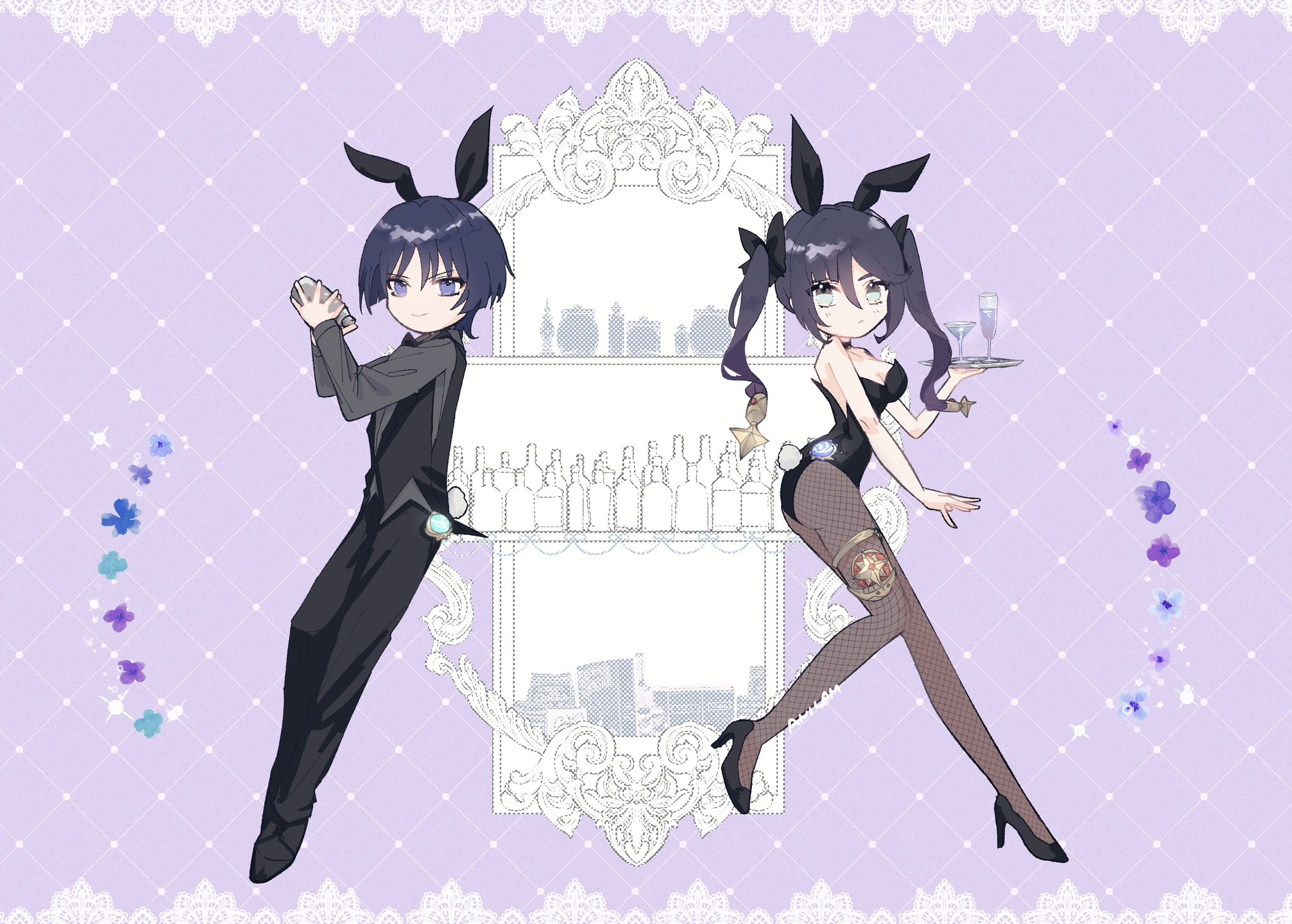 1boy 1girl alternate_costume anemo_symbol_(genshin_impact) animal_ears aqua_eyes arm_at_side artist_name bare_shoulders bartender black_bow black_choker black_hair black_leotard black_pants black_shirt black_shoes black_sleeves black_undershirt black_vest blue_gemstone blunt_bangs blunt_ends border bottle bow breasts choker cleavage closed_mouth cocktail_shaker cup dress_pants dress_shirt dress_shoes drinking_glass fake_animal_ears fake_tail fishnet_pantyhose fishnets full_body gem genshin_impact glass gold grid_background hair_between_eyes hair_bow hand_up high_heels highleg highleg_leotard highres holding holding_cocktail_shaker holding_tray hydro_symbol_(genshin_impact) jewelry large_breasts leotard light_blush long_hair long_sleeves looking_at_viewer mona_(genshin_impact) ornate_border oxfords pants pantyhose playboy_bunny ponytail_holder purple_background purple_eyes rabbit_ears rabbit_tail remind_lam22 scaramouche_(genshin_impact) shaking shirt shoes sidelocks smile star_ornament strapless strapless_leotard swept_bangs tail thighlet tray tuxedo twintails vest vision_(genshin_impact) waistcoat wanderer_(genshin_impact) wispy_bangs