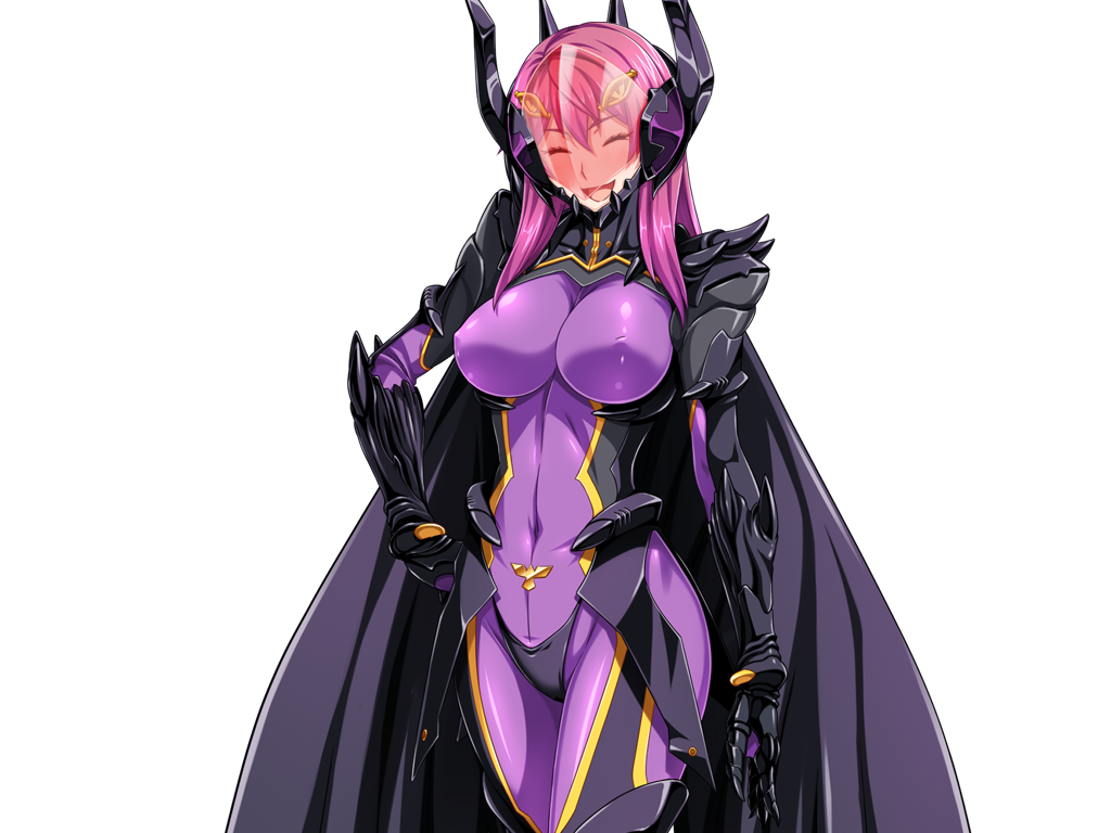 1girl armor bodysuit breasts cape closed_eyes covered_erect_nipples covered_navel cowboy_shot dark_reica game_cg gentle_sasaki hand_on_own_hip horns large_breasts large_variant_set long_hair non-web_source official_art open_mouth pink_hair purple_bodysuit shindou_hatsune skin_tight smile solo soukou_senki_prism_reica transparent_background variant_set