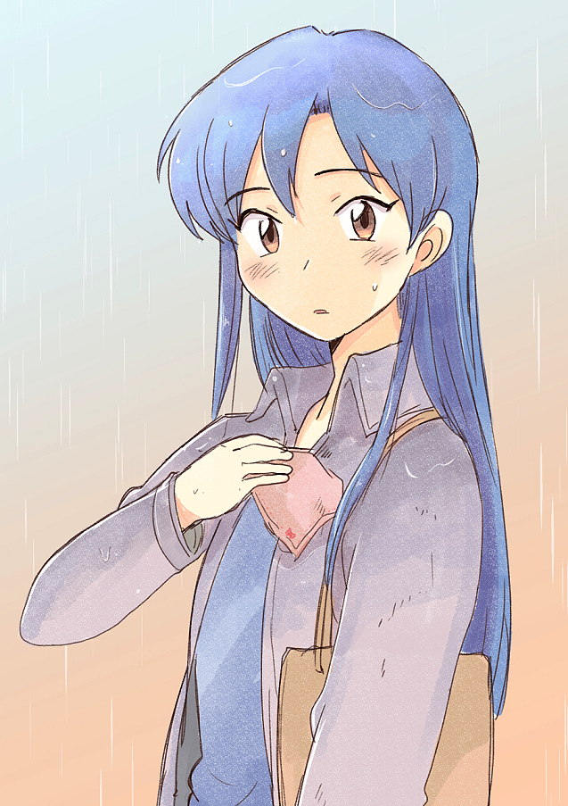 1girl bag blue_hair blue_shirt blush brown_bag brown_eyes grey_jacket hand_up idolmaster idolmaster_(classic) jacket kisaragi_chihaya long_hair long_sleeves looking_at_viewer parted_lips rain shirt shoulder_bag solo standing tsubobot upper_body wet