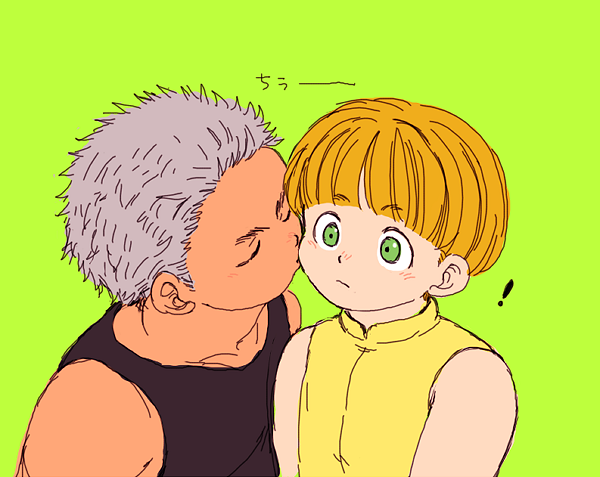 ! 2boys aged_down blonde_hair bowl_cut closed_eyes couple green_background green_eyes grey_hair hanba_guyokota hunter_x_hunter kiss kissing_cheek male_focus multiple_boys shalnark short_hair simple_background surprise_kiss surprised tank_top upper_body uvogin yaoi