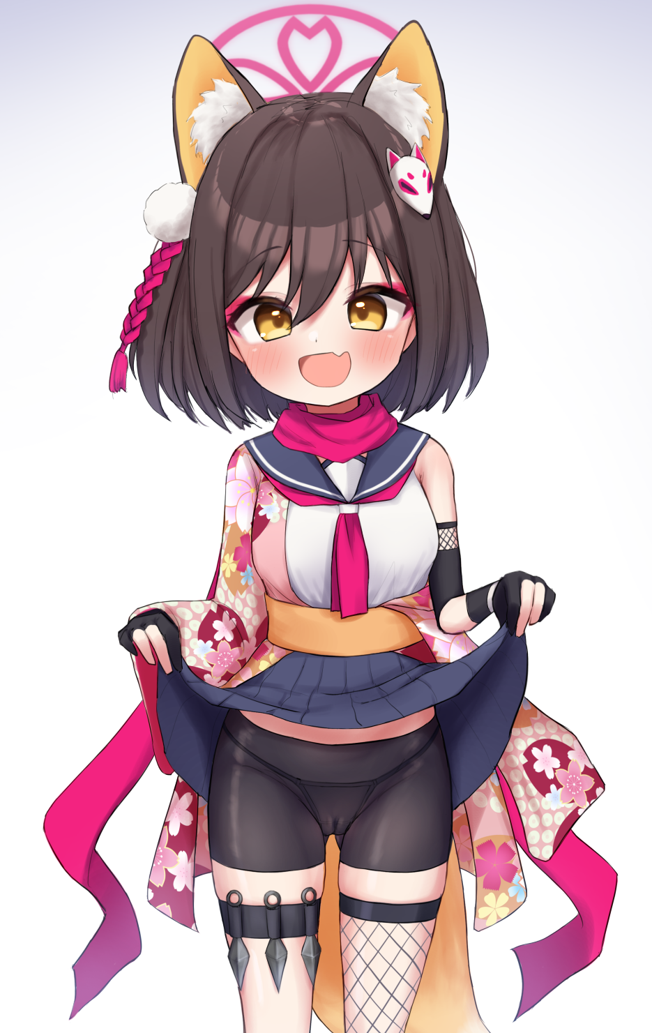 1girl :d animal_ear_fluff animal_ears bike_shorts black_shorts blue_archive blue_skirt blush breasts brown_eyes brown_hair cameltoe clothes_lift commentary_request cowboy_shot fang fishnet_thighhighs fishnets fox_ears fox_girl fox_hair_ornament fox_tail gluteal_fold hair_between_eyes halo highres holster izuna_(blue_archive) kimotius kunai lifting_own_clothes looking_at_viewer open_mouth paid_reward_available panties panties_under_bike_shorts pink_halo pink_scarf scarf short_hair short_shorts shorts simple_background single_thighhigh skin_fang skirt skirt_lift small_breasts smile solo straight-on string_panties tail thigh_holster thighhighs underwear weapon white_background