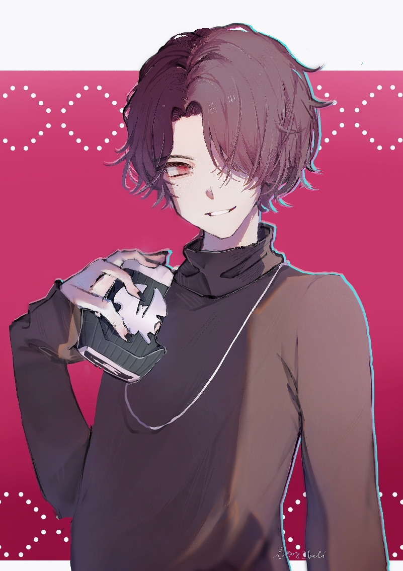 1boy black_nails brown_hair ea08zheci fingernails hair_over_one_eye holding kagerou_(kamen_rider_revice) kamen_rider kamen_rider_revice long_fingernails long_sleeves male_focus nail_polish parted_lips red_eyes signature sleeves_past_wrists slit_pupils smile solo teeth tokusatsu turtleneck