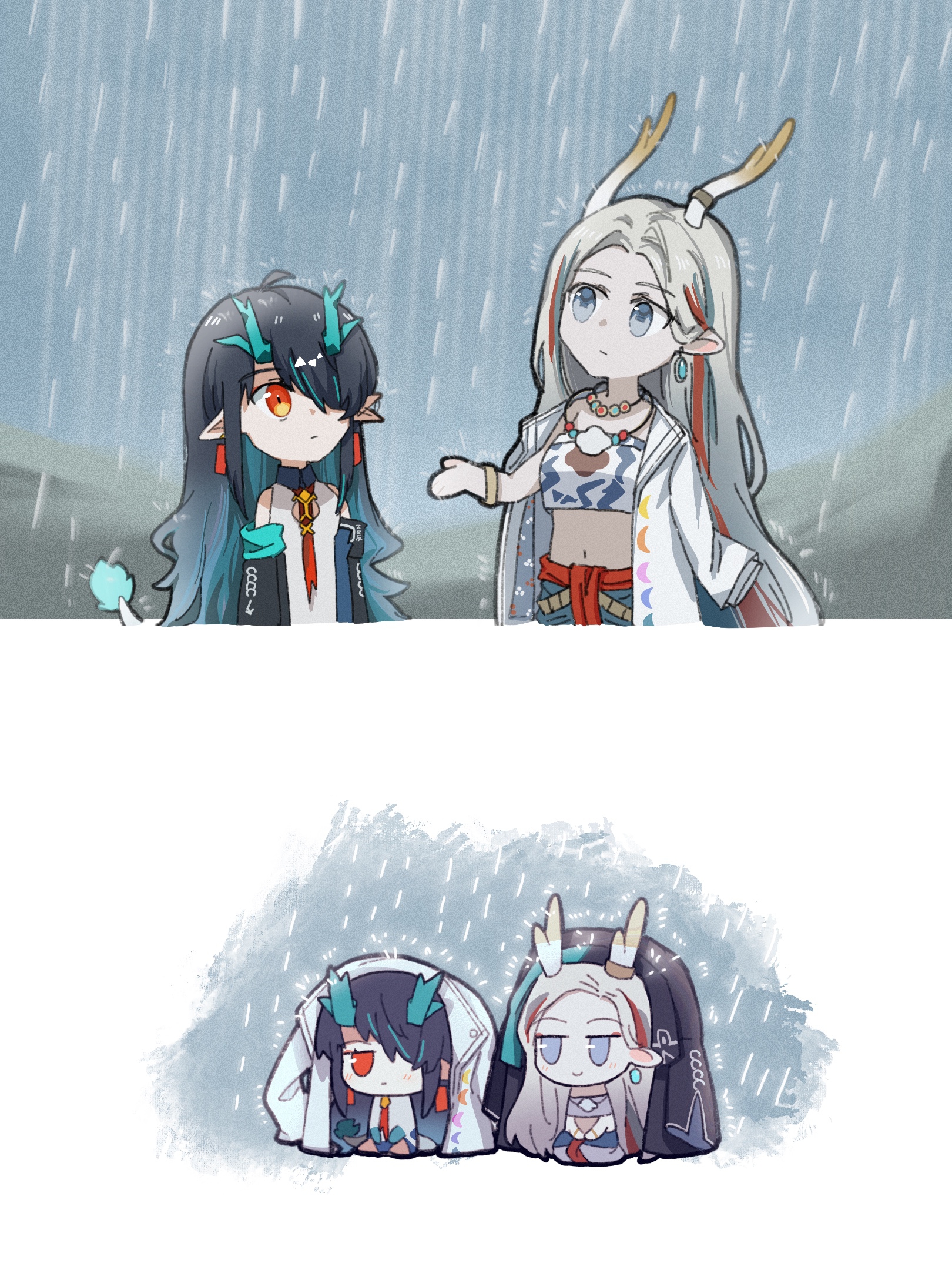 2girls a_deer_of_nine_colors arknights bare_shoulders black_hair blue_hair chibi closed_mouth dress dusk_(arknights) earrings forehead grey_eyes grey_hair hair_over_one_eye highres improvised_umbrella jacket jacket_on_shoulders jewelry long_hair multicolored_hair multiple_girls navel nine-colored_deer parted_bangs rain red_eyes red_hair sitting sleeveless sleeveless_dress streaked_hair very_long_hair white_dress white_jacket yu_kaoxiang