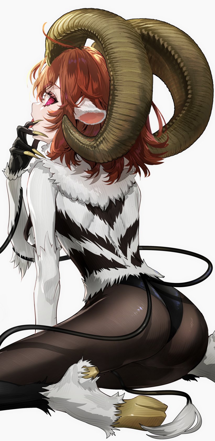 1girl @_@ animal_ears arm_support ass back body_fur breasts cosplay dark_young_(fate) dark_young_(fate)_(cosplay) demon_girl demon_horns fate/grand_order fate_(series) female_focus fingernails from_behind fujimaru_ritsuka_(female) galibo goat_ears goat_horns goat_legs goat_tail hand_on_own_face highres hooves horns kneeling long_fingernails looking_at_viewer looking_back medium_breasts monsterification multiple_tails open_mouth orange_hair pink_eyes sharp_fingernails short_hair sideboob simple_background solo tail tongue tongue_out white_background