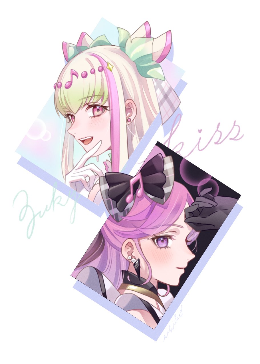 2girls air_bubble black_background black_choker black_gloves black_hair blonde_hair blue_background blunt_bangs blush bubble choker collage cure_kiss cure_zukyuun dress earrings english_text gloves green_hair hair_extensions hair_ornament hair_ribbon hair_wings hand_on_own_forehead hands_on_own_chin highres jewelry kimi_to_idol_precure looking_at_viewer meroron_(human_form) montage multiple_earrings multiple_girls nasusomen open_mouth parted_bangs pearl_earrings pink_hair pointing pointing_at_another precure puffy_short_sleeves puffy_sleeves purirun_(human_form) purple_eyes rectangle red_eyes ribbon short_sleeves sideways_face sideways_glance smile soap_bubbles white_gloves wing_hair_ornament zooming_in