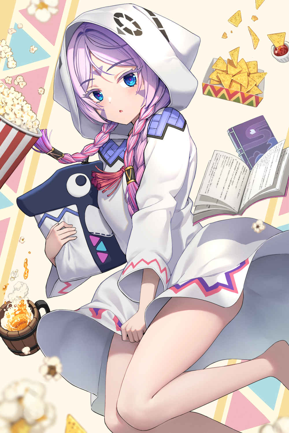 1girl alcohol beer beer_mug blue_eyes book braid citlali_(genshin_impact) cup dress dress_tug facial_tattoo food genshin_impact highres hood hood_up hoodie itzpapa_(genshin_impact) kapa_draws long_hair long_sleeves looking_at_viewer mug open_mouth pink_eyes popcorn solo tattoo twin_braids white_dress