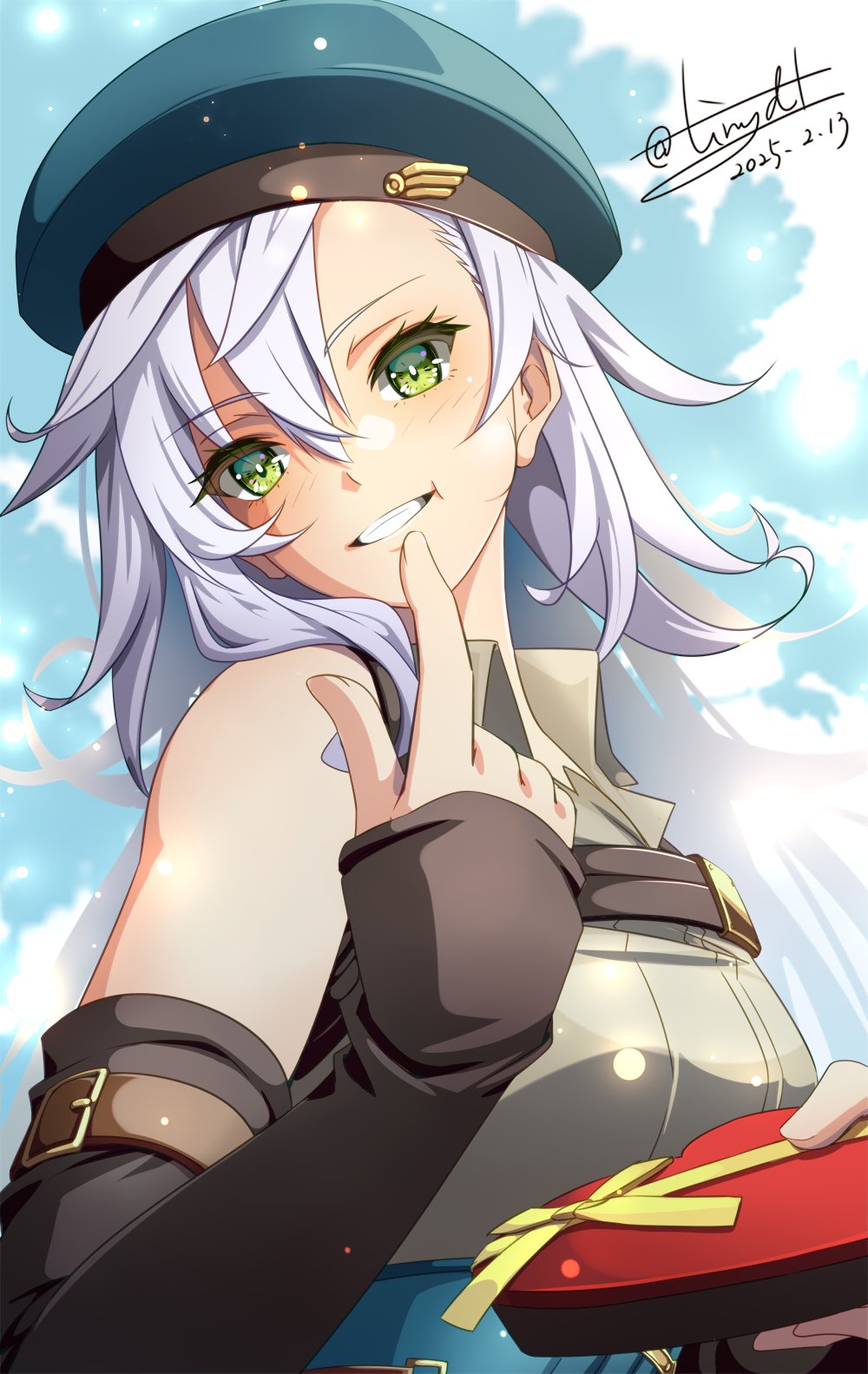 1girl bare_shoulders beret blue_hat blue_sky box breasts cloud dated detached_sleeves eiyuu_densetsu fie_claussell gift gift_box green_eyes grin hair_between_eyes hat highres holding holding_gift kuro_no_kiseki_(series) kuro_no_kiseki_i looking_at_viewer parted_bangs sidelocks signature sky small_breasts smile solo tinybiard twitter_username upper_body white_hair