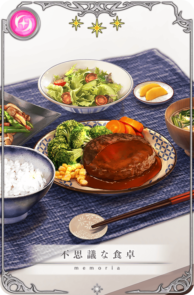 bowl broccoli card_(medium) carrot_slice chopstick_rest chopsticks corn dinner food food_focus game_cg indoors magia_record:_mahou_shoujo_madoka_magica_gaiden mahou_shoujo_madoka_magica no_humans non-web_source official_art picture_frame plate rice_bowl salad soup star_(symbol) steak table tablecloth tomato tomato_slice translated tsuduki_neko