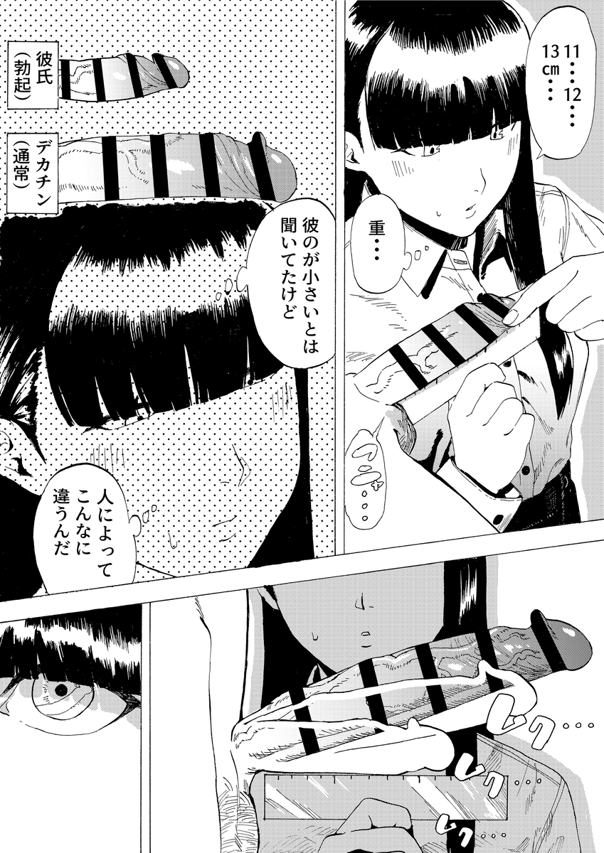 1boy 1girl highres hime_cut japanese_text large_penis measuring monochrome netorare original penis penis_grab penis_measuring penis_size_difference ruler small_penis speech_bubble the_murakamix thought_bubble translated veins veiny_penis