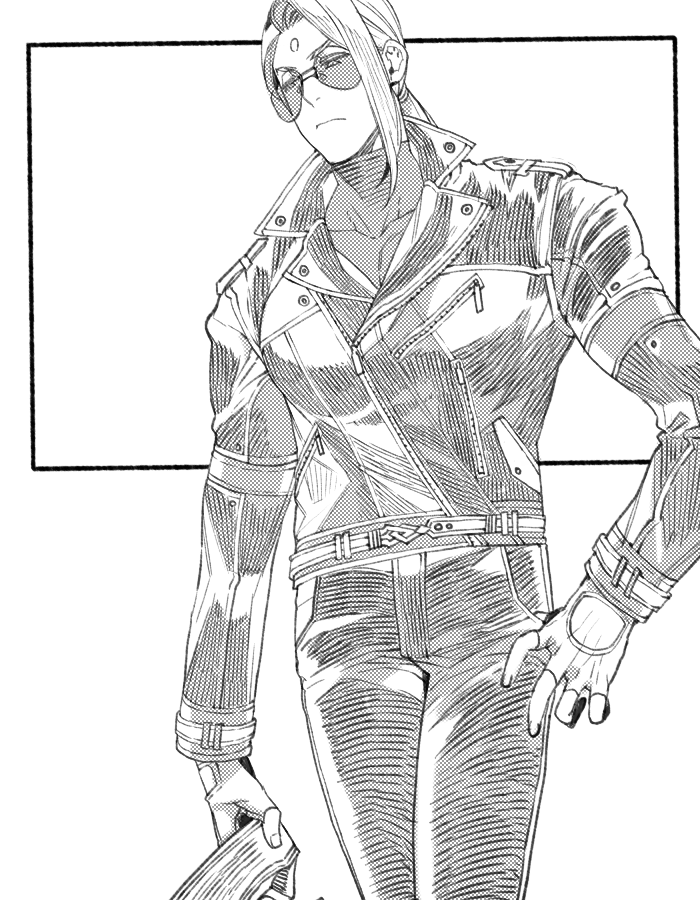 1boy aviator_sunglasses biker_clothes closed_mouth cowboy_shot facial_mark final_fantasy final_fantasy_xiv fingerless_gloves forehead_mark gloves greyscale hair_tie helmet hiryuu_(kugelcruor) holding holding_helmet jacket leather leather_jacket long_hair low_ponytail male_focus monochrome ponytail solo sunglasses swept_bangs thumb_in_pocket white_background zenos_yae_galvus