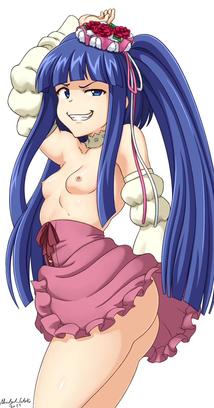 1girl abridged-satoko ass blue_eyes blue_hair bottomless breasts furudo_erika grin highres small_breasts smile topless_female twintails umineko_no_naku_koro_ni