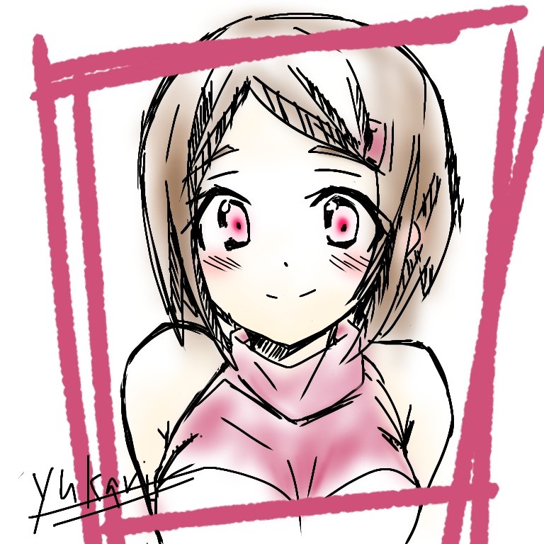 1girl bare_shoulders breasts brown_hair digimon digimon_adventure_02 pink_eyes pink_shirt shirt short_hair simple_background solo upper_body white_background yagami_hikari yukari_(dg_baby_hazard)