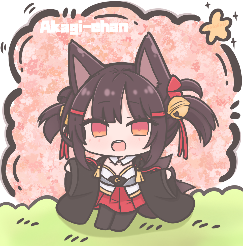 1girl akagi-chan_(azur_lane) animal_ears azur_lane bell black_kimono black_pantyhose brown_hair brown_tail character_name chibi chibi_only commentary fox_ears fox_girl fox_tail futaba_(anti_clockwise) hair_bell hair_ornament japanese_clothes kimono kitsune looking_at_viewer multiple_tails open_mouth pantyhose red_eyes red_skirt short_hair skirt solo symbol-only_commentary tail wide_sleeves