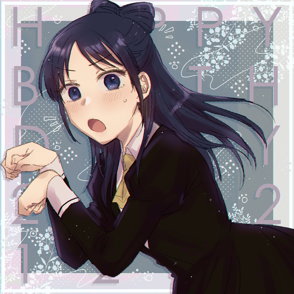 1girl :o black_dress black_hair blush dated dress happy_birthday long_hair long_sleeves looking_at_viewer miyao_nemu paw_pose seriyama_(srym_s) solo sweatdrop witch_watch