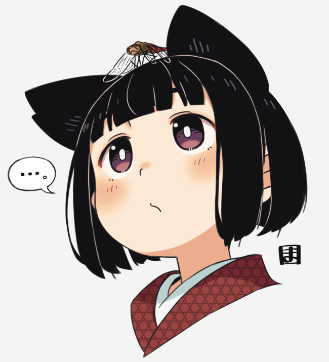 ... 1girl animal animal_ears animal_on_head animal_request black_hair blush bug closed_mouth commentary_request fox_ears grey_background japanese_clothes kimono kukuri_(mawaru) mawaru_(mawaru) on_head original portrait purple_eyes red_kimono short_hair simple_background solo spoken_ellipsis