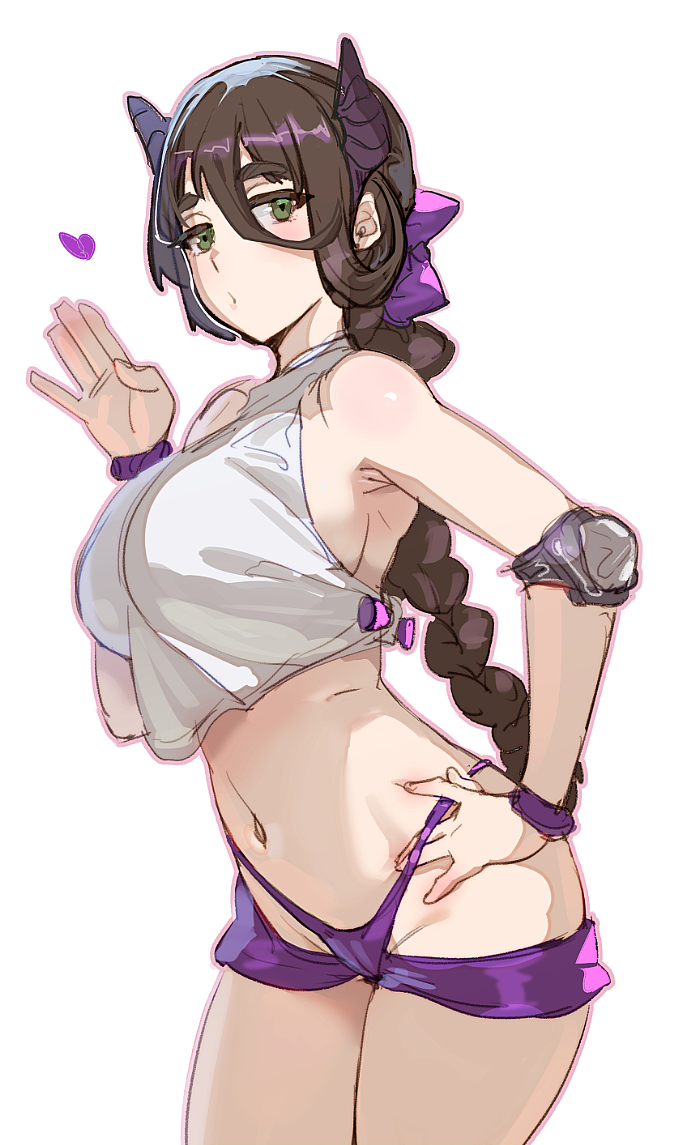 1girl bow_(bhp) braid braided_ponytail breasts chinese_commentary closed_mouth commentary_request demon_girl demon_horns green_eyes hair_between_eyes hand_on_own_hip hand_up heart horns large_breasts long_hair looking_at_viewer navel original panties purple_horns purple_panties shirt simple_background solo t-back_spats thick_eyebrows thighs underwear white_background white_shirt