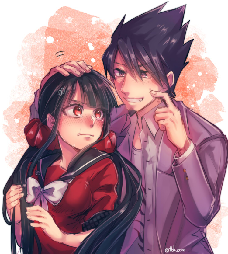 1boy 1girl beard black_hair blush crying crying_with_eyes_open danganronpa_(series) embarrassed facial_hair goatee hair_ornament hairclip hand_on_another&#039;s_head harukawa_maki jacket kamuinii long_hair momota_kaito danganronpa_v3:_killing_harmony purple_eyes red_eyes school_uniform serafuku shirt smile sweat tears thighhighs twintails