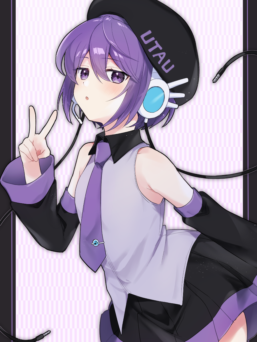 1girl :o akikan_sabako armpit_crease audio_jack bare_shoulders beret black_hat black_skirt black_sleeves blush collared_shirt commentary cowboy_shot detached_sleeves grey_shirt hand_up hat headset highres looking_at_viewer necktie outside_border pillarboxed pleated_skirt purple_background purple_eyes purple_hair purple_necktie shirt short_hair skirt sleeveless sleeveless_shirt solo tie_clip utane_uta utau v