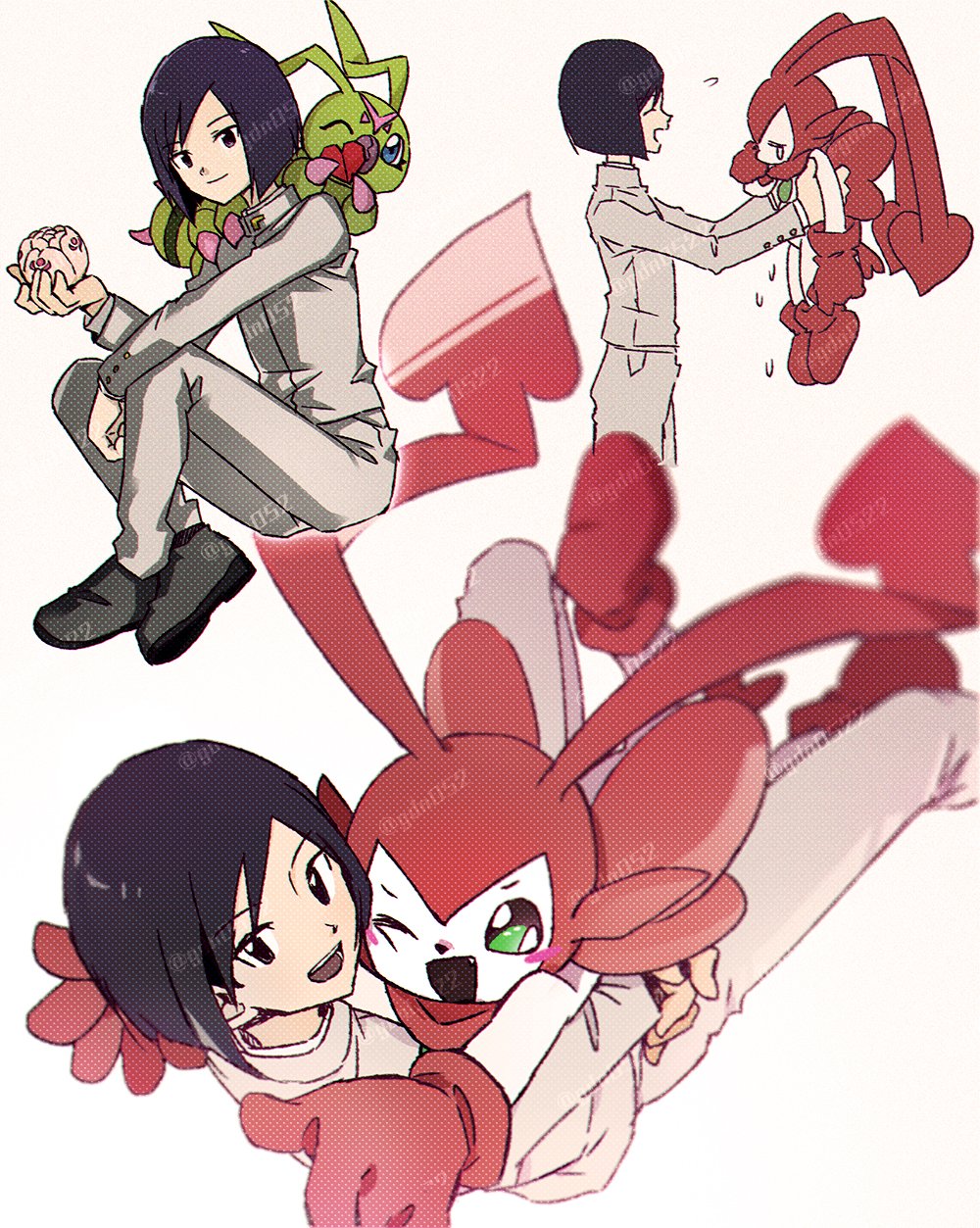 2boys black_hair bug digimental digimental_of_kindness digimon digimon_(creature) digimon_adventure_02 gdn0522 grey_jacket grey_pants highres hug ichijouji_ken jacket multiple_boys multiple_views pants pucchiemon wormmon