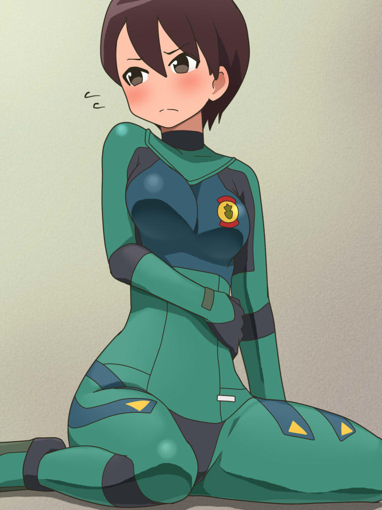 1girl awa black_eyes blush bodysuit breasts brown_hair closed_mouth hisone_to_masotan hoshino_eri medium_breasts pilot_suit short_hair simple_background solo