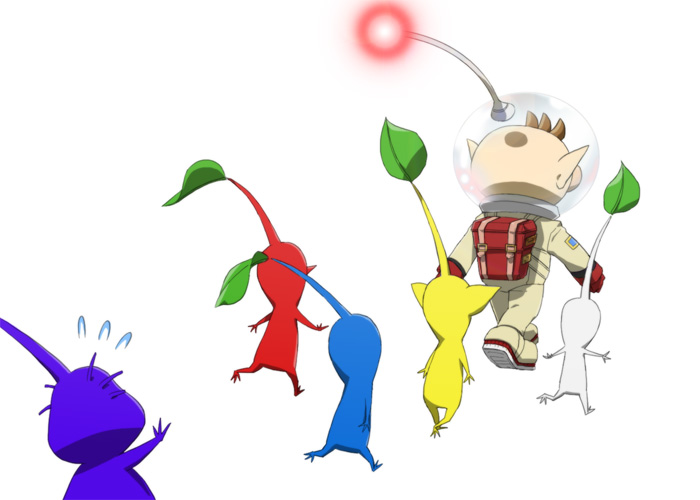 1boy backpack bag big_nose blue_pikmin blue_skin brown_hair clenched_hands colored_skin commentary flying_sweatdrops following from_behind full_body gloves leaf naru_(wish_field) nintendo olimar outstretched_arm patch pikmin_(creature) pikmin_(series) pointy_ears pointy_nose purple_hair purple_pikmin purple_skin red_bag red_gloves red_pikmin red_skin short_hair simple_background spacesuit very_short_hair walking white_background white_pikmin white_skin yellow_pikmin yellow_skin