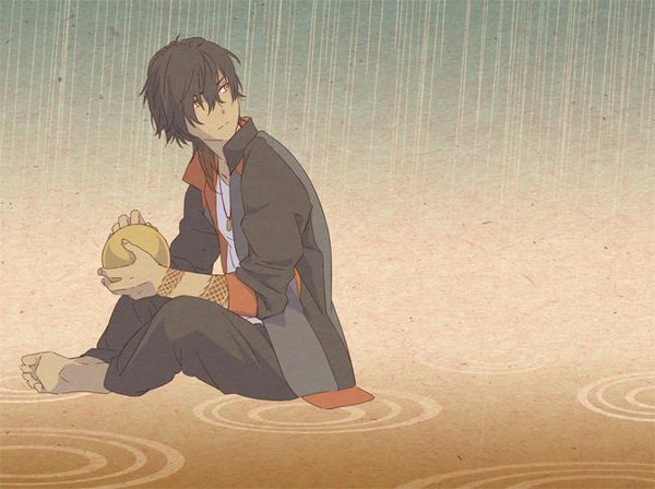 1boy arm_tattoo barefoot black_hair black_pants brown_hair closed_mouth dark-skinned_male dark_skin dragon_tattoo full_body holding indian_style jacket jewelry leuco looking_back male_focus multicolored_hair necklace ookurikara open_clothes open_jacket pants shirt sitting solo tattoo touken_ranbu white_shirt yellow_eyes