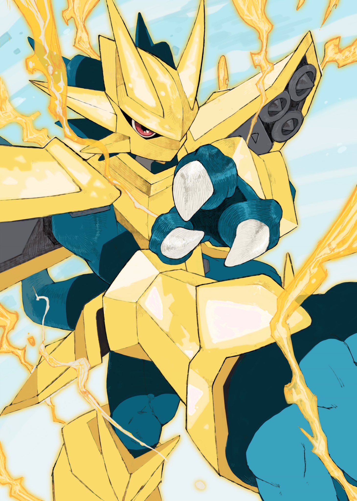 analog_boy02 armor blue_skin colored_skin cowboy_shot digimon digimon_(creature) dragon fewer_digits gold_armor gold_helmet highres looking_at_viewer magnamon red_eyes solo