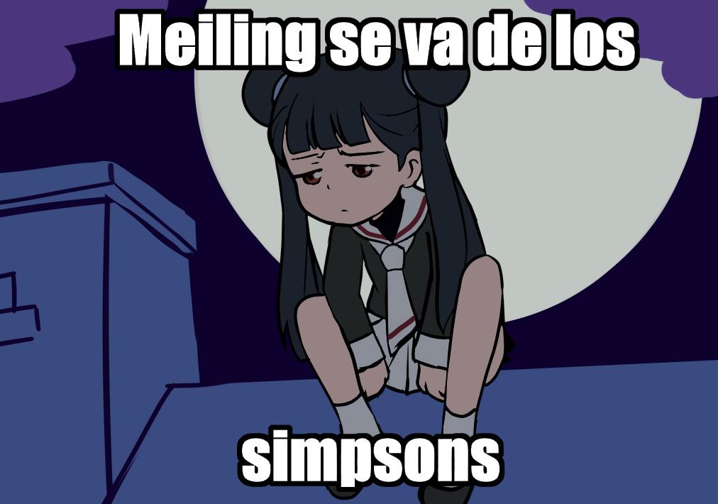 1girl apu_se_va_de_los_simpsons_(meme) cardcaptor_sakura chibi cloud image_macro_(meme) impact_(font) jcm2 li_meiling meme moon night night_sky parody sad sailor_collar school_uniform skirt sky solo spanish_text the_simpsons tomoeda_elementary_school_uniform white_sailor_collar white_skirt