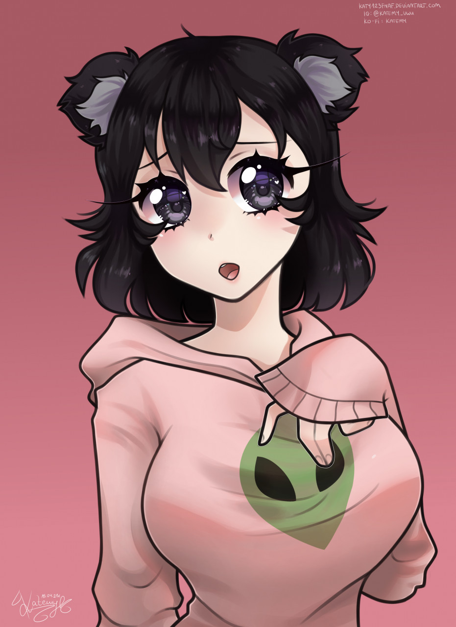 1girl animal_ears apandah_(youtube) artist_request bear_ears black_eyes black_hair blush breasts eyelashes genderswap genderswap_(mtf) hand_on_own_chest highres large_breasts long_sleeves open_mouth panda panda_ears raised_eyebrows teeth tongue upper_teeth_only youtube