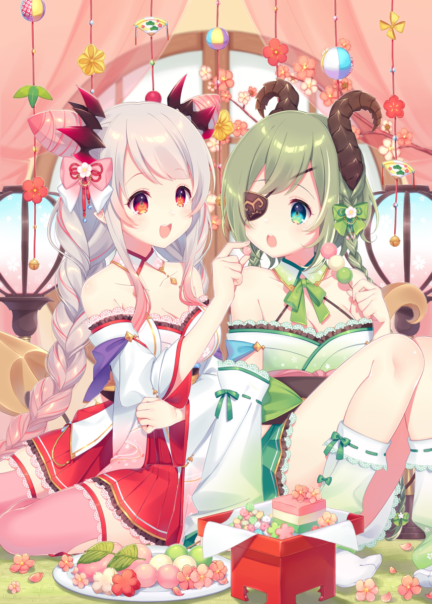 2girls :d bell blue_eyes blush braid branch breasts cleavage commentary_request cone_hair_bun curtains eyepatch feeding gradient_hair green_hair green_kimono green_skirt grey_hair hair_bun highres hishimochi honey_strap horns japanese_clothes jingle_bell kimono knees_up kusumoto_shizuru low_twintails medium_breasts multicolored_hair multiple_girls nanashi_inc. no_shoes off_shoulder open_mouth pink_hair pink_thighhighs pleated_skirt pointy_ears red_eyes red_skirt ribbon-trimmed_legwear ribbon_trim round_window sekishiro_mico skirt smile suou_patra swept_bangs tabi teeth thighhighs transparent twin_braids twintails upper_teeth_only virtual_youtuber white_kimono window