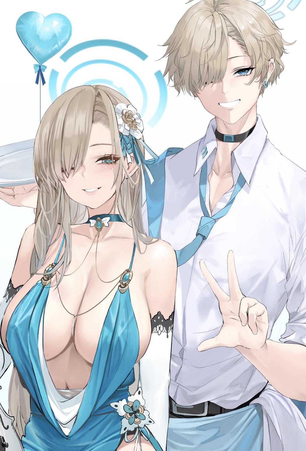 1boy 1girl apron asuna_(blue_archive) balloon black_choker blue_apron blue_archive blue_choker blue_dress blue_eyes blue_halo blue_necktie breasts choker collared_shirt dishwasher1910 doppelganger dress dual_persona earrings elbow_gloves eyelashes flower genderswap genderswap_(ftm) gloves grin hair_flower hair_ornament hair_over_one_eye halo heart_balloon height_difference highres holding holding_tray jewelry large_breasts light_blush light_brown_hair long_hair looking_at_viewer loose_necktie necktie necktie_over_shoulder one_eye_closed paid_reward_available plunging_neckline shirt short_hair simple_background smile tray upper_body w waist_apron white_background white_flower white_gloves white_shirt