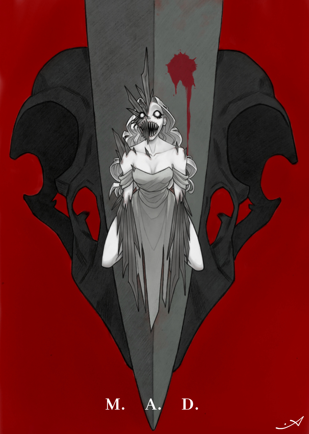 1girl arm_blade bare_shoulders black_sclera blood breasts cleavage collarbone colored_sclera commentary cowboy_shot dress english_commentary greyscale highres medium_breasts monochrome mr_andres0n off-shoulder_dress off_shoulder princess_(slay_the_princess) red_background sharp_teeth shoulder_spikes skull slay_the_princess solo spikes spot_color teeth the_razor_(slay_the_princess) weapon