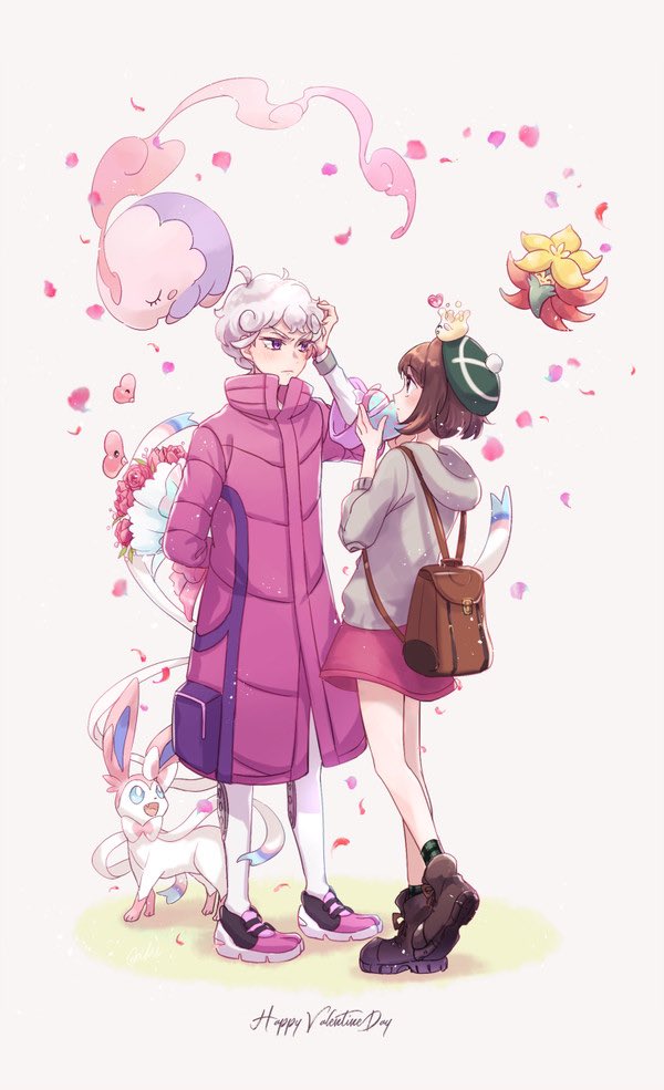1boy 1girl backpack bag bede_(pokemon) bob_cut boots brown_bag brown_footwear brown_hair cardigan coat commentary_request curly_hair dress gen_3_pokemon gen_5_pokemon gen_6_pokemon gen_8_pokemon gloria_(pokemon) gossifleur green_headwear green_socks grey_cardigan grey_hair hat hood hooded_cardigan leggings luvdisc milcery musharna nintendo on_head pink_dress plaid_clothes plaid_socks pokemon pokemon_(creature) pokemon_on_head pokemon_swsh purple_coat ro16t0day8 shoes short_hair socks standing sylveon tam_o&#039;_shanter valentine