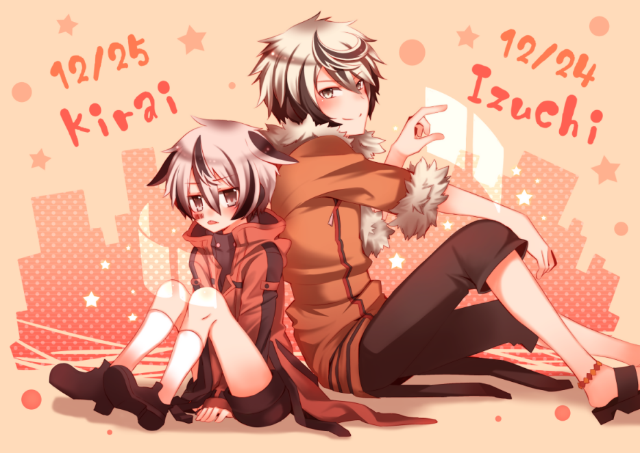 1bitheart 2boys back-to-back black_hair blush brothers brown_eyes brown_footwear brown_shorts character_name child closed_mouth grey_hair jacket long_sleeves male_focus multicolored_hair multiple_boys nasuga_izuchi nasuga_kirai necota116 orange_jacket red_jacket sandals short_hair shorts siblings sitting smile socks tongue tongue_out white_socks
