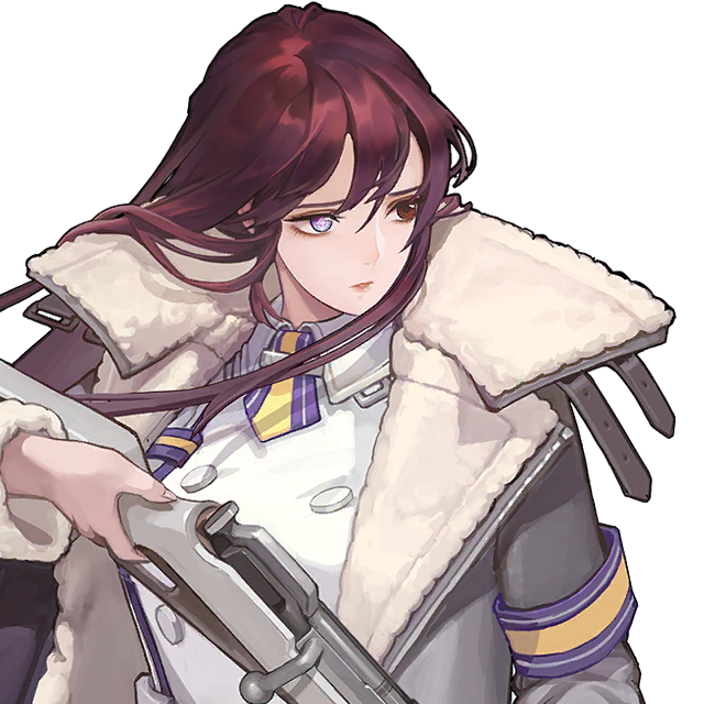 1girl armband blue_eyes breasts buttons coat dress female_focus floating_hair game_cg gun hair_between_eyes heterochromia high_collar holding holding_gun holding_rifle holding_weapon large_breasts last_origin lips long_hair long_sleeves looking_to_the_side necktie official_art open_clothes open_coat purple_hair red_eyes rifle rorobomb short_necktie sniper_rifle symbol-shaped_pupils transparent_background upper_body valkyrie_(last_origin) weapon white_dress winter_clothes winter_coat yellow_necktie