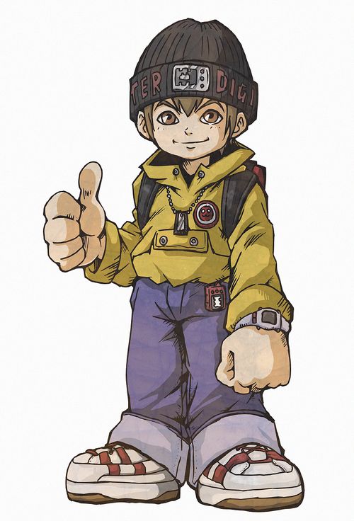 1boy beanie black_hat blue_pants brown_eyes brown_hair clenched_hand copyright_name denim digimon digimon_(virtual_pet) digimon_world fenyon full_body hat jewelry looking_at_viewer male_focus mameo_(digimon) pants pendant shirt short_hair simple_background solo thumbs_up virtual_pet_(toy) watch white_background wristwatch yellow_shirt