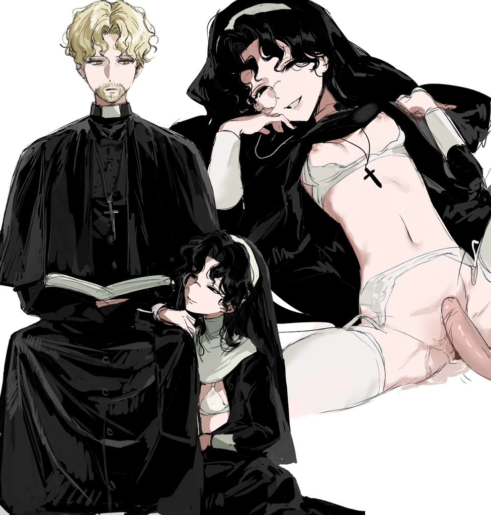 1boy adam_(lord_of_the_mysteries) amon_(lord_of_the_mysteries) black_capelet black_dress black_eyes black_hair black_robe black_robes black_tunic black_veil blonde_hair bra breasts capelet chinese_commentary clerical_collar closed_mouth commentary_request cross cross_necklace dress facial_hair garter_belt genderswap genderswap_(mtf) hetero incest jewelry kikinotamai latin_cross long_dress long_hair long_sleeves looking_at_viewer lord_of_the_mysteries monocle necklace nipples nun open_mouth parted_bangs priest robe simple_background sitting small_breasts smile thighhighs traditional_nun tunic twintails uncensored underwear veil wavy_hair white_background white_bra white_thighhighs yellow_eyes