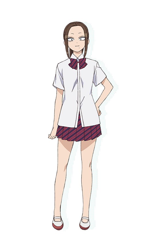 1girl arm_at_side black_eyes bow bowtie brown_hair closed_mouth collared_shirt diagonal-striped_bow diagonal-striped_bowtie diagonal-striped_clothes diagonal-striped_skirt drop_shadow full_body hand_on_own_hip itan_private_high_school_uniform komi-san_wa_komyushou_desu long_hair looking_at_viewer miniskirt mole mole_under_eye mole_under_mouth nakajima_atsuko no_socks official_art onemine_nene pleated_skirt red_bow red_bowtie red_skirt school_uniform shirt shoes short_sleeves sidelocks skirt solo standing striped_clothes transparent_background uwabaki wet wet_clothes wet_shirt white_shirt