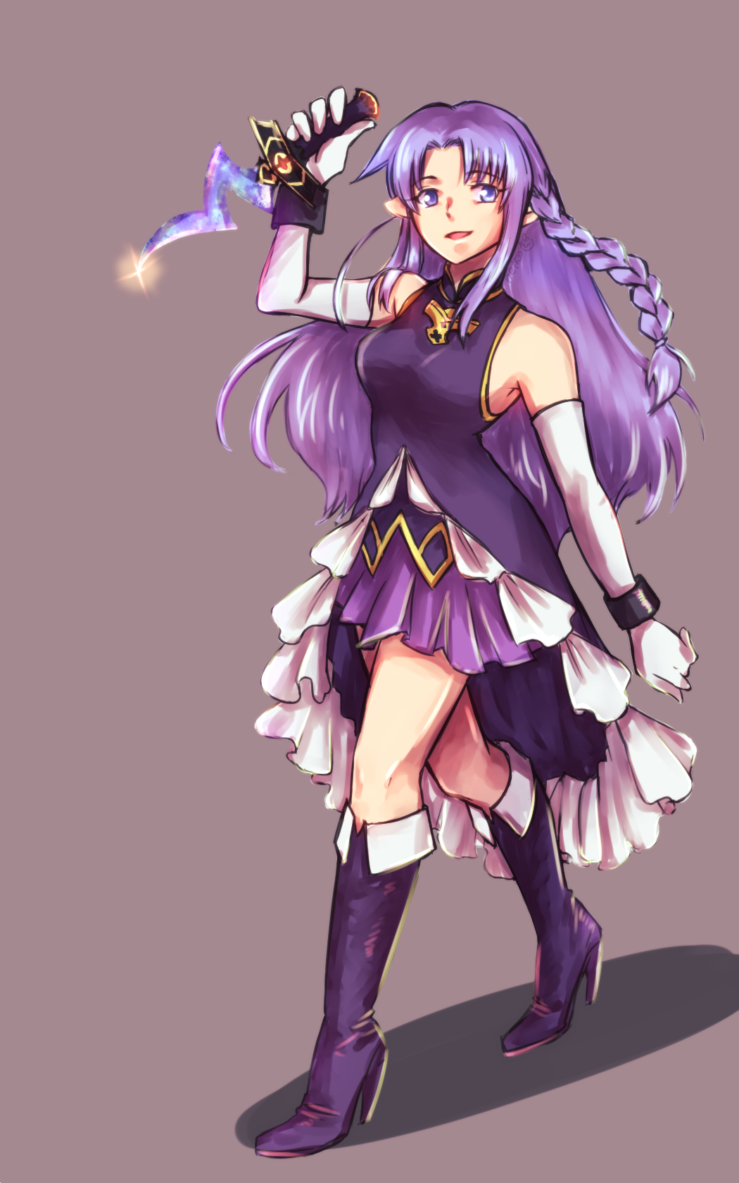 1girl alternate_costume bare_shoulders blue_eyes boots commentary_request dress elbow_gloves fate/grand_order fate_(series) gloves grey_background high_heel_boots high_heels highres holding holding_knife knee_boots knife long_hair looking_at_viewer mahou_shoujo_madoka_magica mahou_shoujo_madoka_magica_(anime) medea_(caster)_(fate) medea_(fate) neiko_igarashi pointy_ears purple_boots purple_dress purple_hair purple_skirt rulebreaker sakura_kyoko sakura_kyoko_(magical_girl) skirt skirt_under_dress smile solo very_long_hair white_gloves