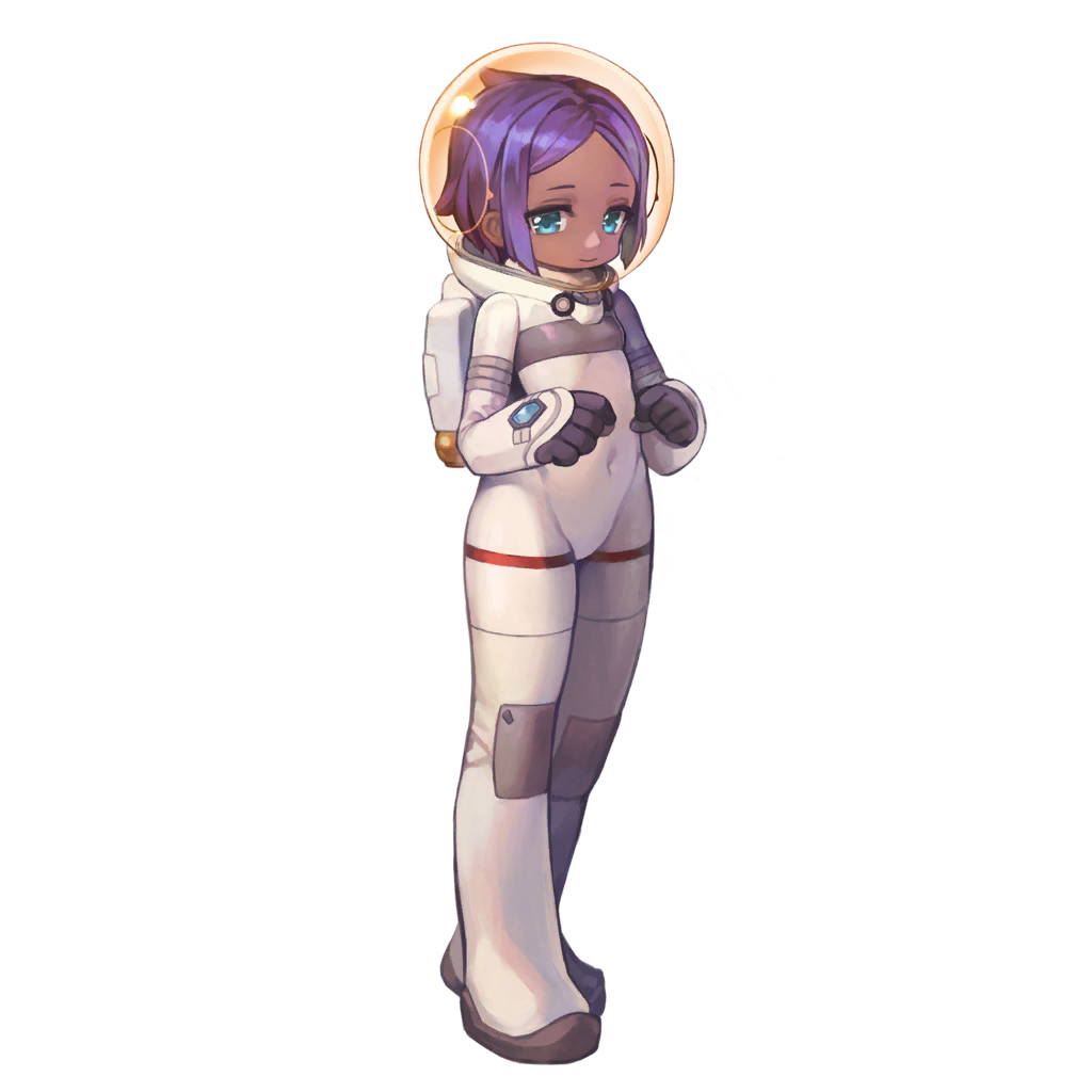 1girl astronaut blue_eyes child coco_mercury dark-skinned_female dark_skin female_focus fishbowl_helmet flat_chest full_body game_cg helmet kakiman last_origin looking_at_viewer official_art purple_hair short_hair skindentation smile solo space_helmet spacesuit tachi-e transparent_background