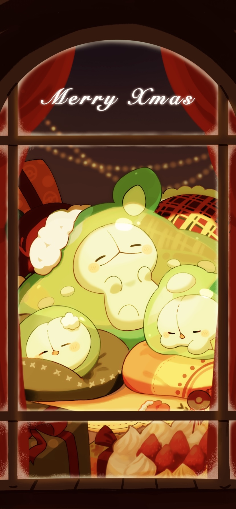 blush closed_eyes closed_mouth commentary_request cushion duosion evolutionary_line gen_5_pokemon harumomo_(@harumomo123456) highres lying merry_christmas nintendo no_humans pokemon pokemon_(creature) reuniclus sleeping solosis through_window window