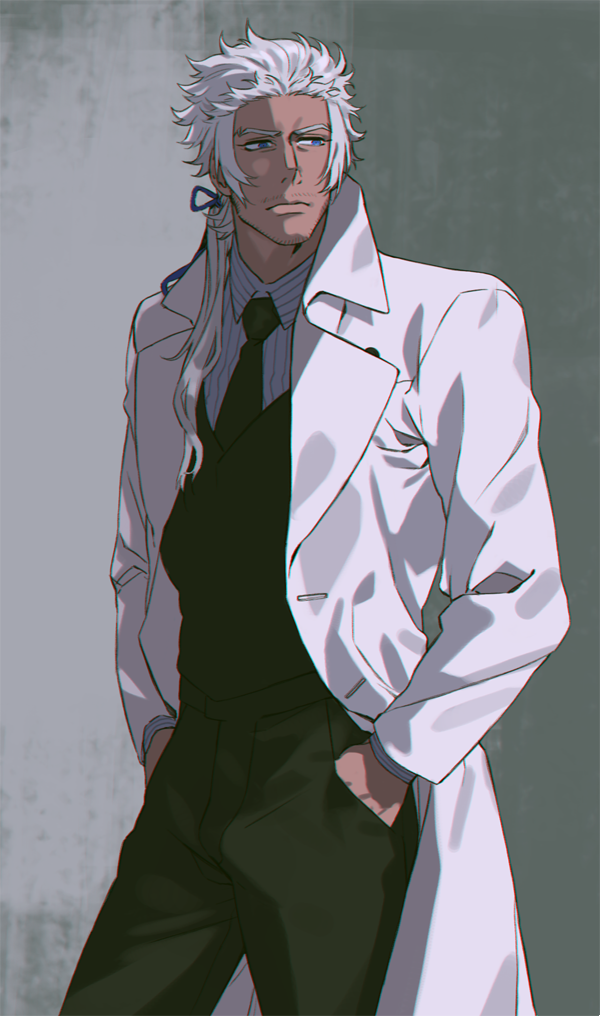 1boy black_pants black_vest blue_eyes blue_ribbon classicaloid closed_mouth coat collared_shirt commentary_request cowboy_shot facial_hair grey_background hands_in_pockets johann_sebastian_bach_(classicaloid) male_focus mature_male mustache_stubble pants ponytail ribbon sf_jd shirt solo sparse_stubble striped_clothes striped_shirt stubble vest white_coat white_hair