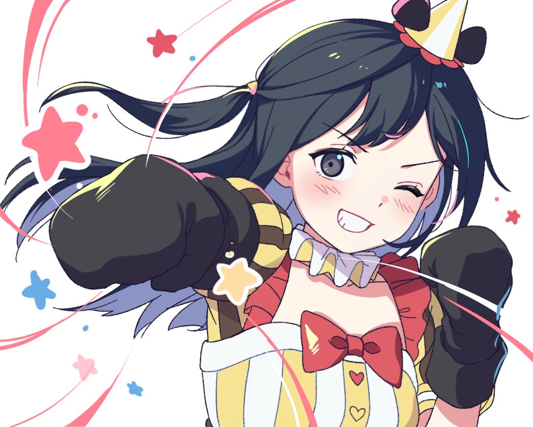1girl ;d black_hair blush boxing_gloves collarbone commentary_request double-parted_bangs dress grey_eyes grin hat incoming_attack incoming_punch infinity!_our_wings!! korean_commentary long_hair looking_at_viewer love_live! love_live!_nijigasaki_high_school_idol_club meobbab2 mini_hat official_alternate_costume one_eye_closed one_side_up open_mouth party_hat punching simple_background smile solo star_(symbol) striped_clothes striped_dress upper_body v-shaped_eyebrows white_background yellow_dress yuki_setsuna